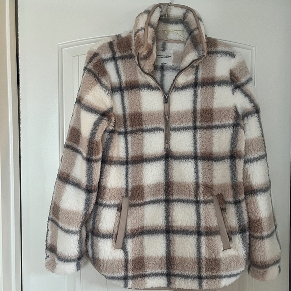 Abercrombie & Fitch Tops - Abercrombie & Fitch Sherpa Half-Zip Sweatshirt brown, cream, gray plaid Size S